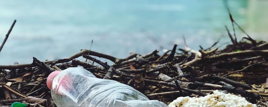En plastflaska, frigolit och kvistar ligger bland strandskräp vid havet, med suddig vy av vatten och öar i bakgrunden.